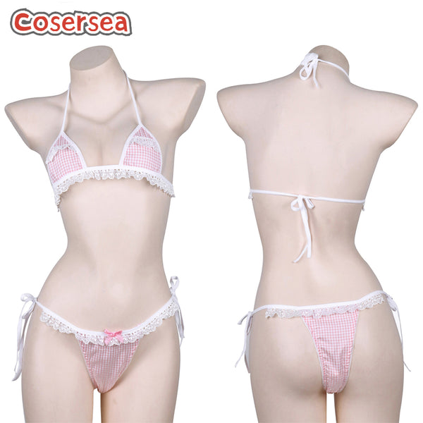 Sexy Underwear Halter Strap Plaid Lace Edge Bikini Women's Three-point Pajamas