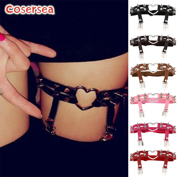12 Colors Harajuku Punk Heart-shaped PU Leather Handmade Rivet Leg Ring Belt