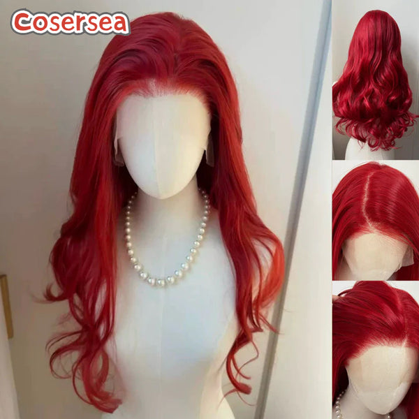 13×6 Hand Hook Wavy 70cm Long Curly Red Lace Wigs