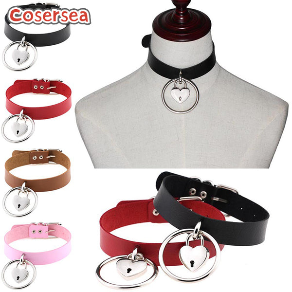 15 Colors Exaggerated Punk Style Large Circular PU Leather Necklace Metal Heart Lock Neck Chain
