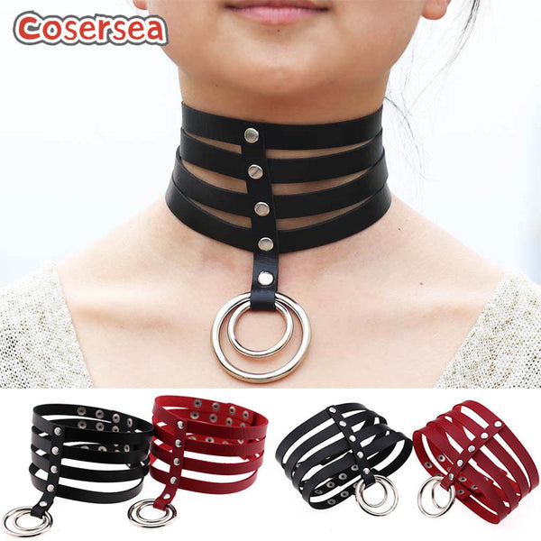 15 Colors Harajuku Style PU Leather Collar Bar Rivet Necklace Circular Ring 4 Row Choker