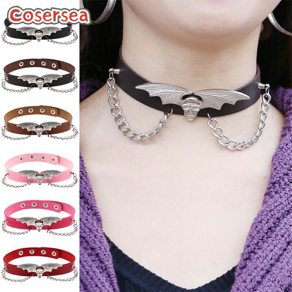 16 Colors Bat Wings Vampire Chain PU Leather Collar Necklace Halloween Christmas Neck Chain