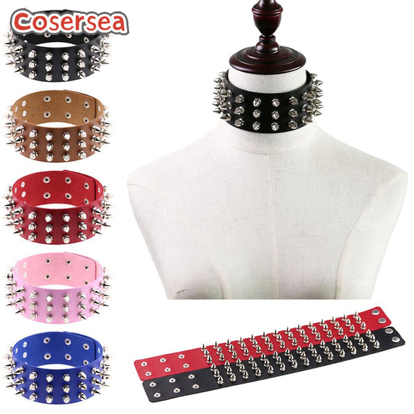 16 Colors Collar Nightclub Punk Style Three Rows Cone Rivet PU Leather Neck Chain