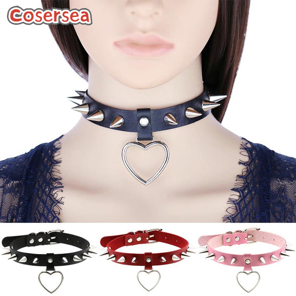 16 Colors Cross Border Harajuku Pointed Nail Rivet Heart-shaped Pendant PU Leather Neck Strap