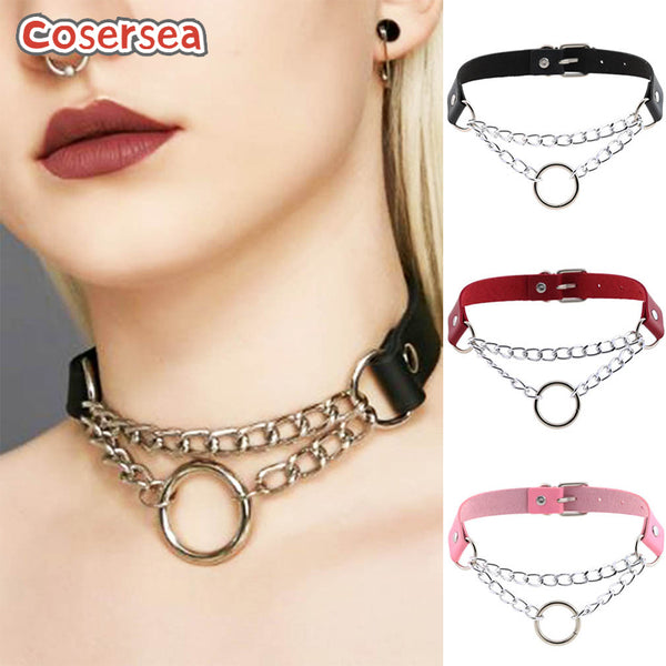 16 Colors Fashion PU Leather Ring Collar Necklace Punk Chain O-ring Neck Strap Collarbone Chain