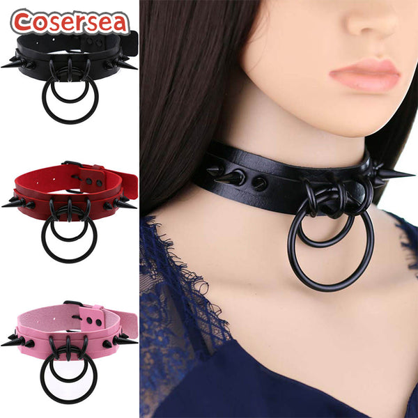 16 Colors Gothic Black Pointed Nail Double Loop Ring Collar Necklace PU Leather Choker