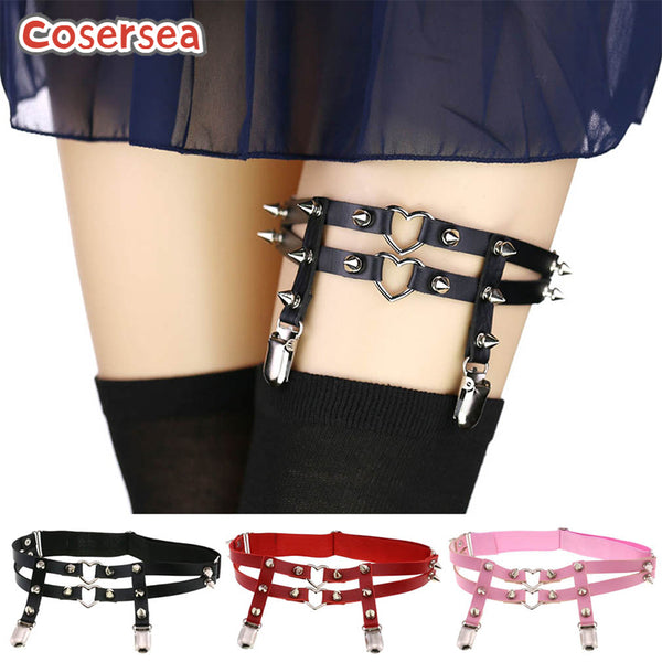 16 Colors Harajuku Heart PU Leather Spike Rivet Leg Ring Double Row Elastic Garter Belt