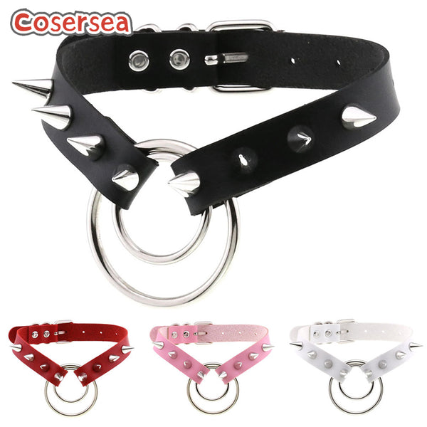 16 Colors Harajuku Punk PU Leather Pointed Nail Rivet Necklace Double Ring Neck Chain
