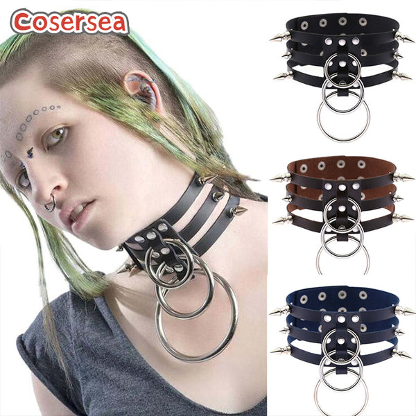 16 Colors Harajuku Three Row Three Ring Rivet Pointed Nail PU Leather Collar Choker