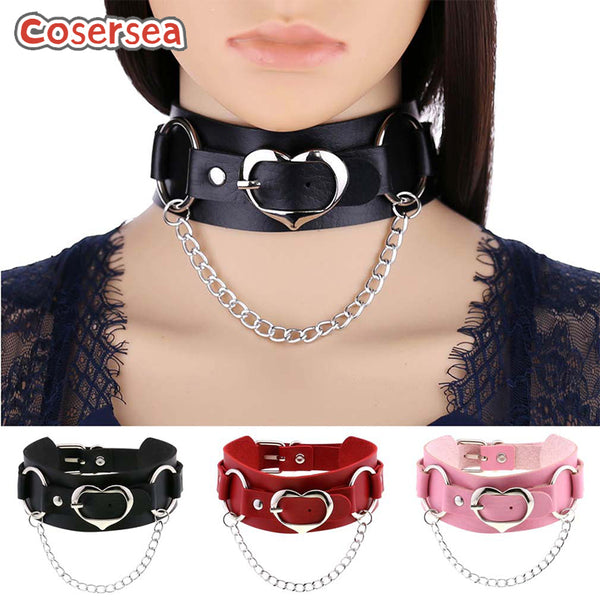 16 Colors Heart-shaped PU Leather Punk Choker Double-layer Collar Chain