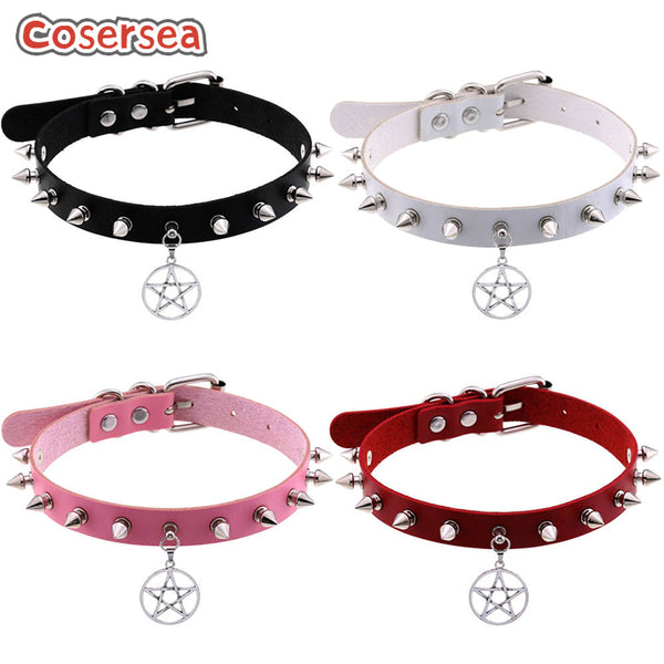 16 Colors New Style Rivet Pointed Nail Collarbone Necklace Star Pendant PU Leather Choker