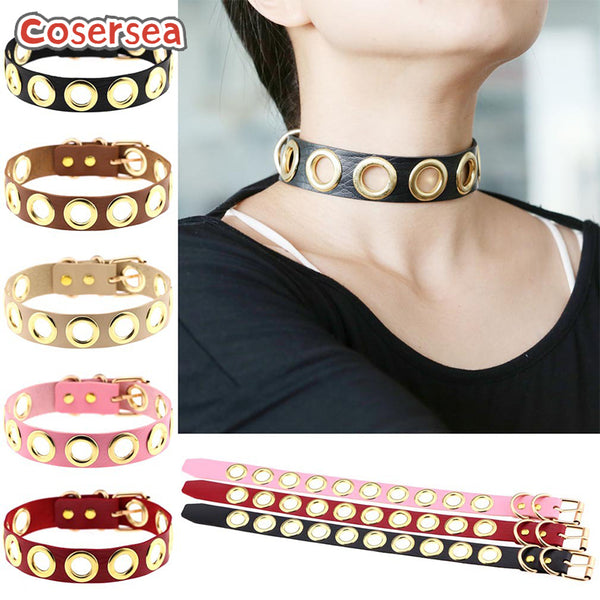16 Colors PU Leather Collar Hot Gold Circle Neck Chain Collarbone Cosplay Choker