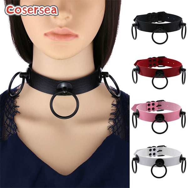 16 Colors PU Leather Collar Punk Black Circle Hanging Ring Necklace Choker
