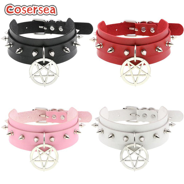 16 Colors PU Leather Pointed Nail Rivet Bound Collar Nightclub Double Layered Pentagram Necklace