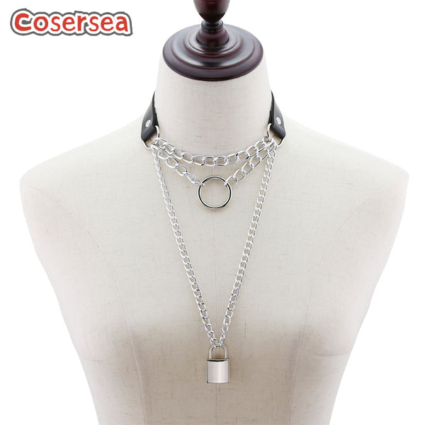16 Colors Personalized PU Leather Ring Collar Necklace Punk Chain Lock Pendant Choker