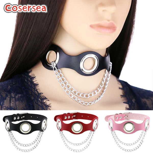 16 Colors Punk Gothic PU Leather Chain Collar Metal Ring Collarbone Necklace