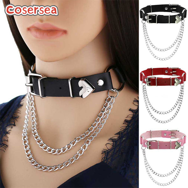 16 Colors Punk Gothic PU Leather Collar Necklace Peach Heart Chain Collarbone Choker