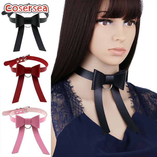 16 Colors Punk Gothic PU Leather Long Bow Collar Neck Chain Half Circle Ring Clavicle Necklace