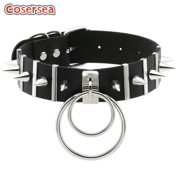 16 Colors Punk Harajuku Pointed Nail Rivet Double Ring Pendant PU Leather Neck Strap Necklace