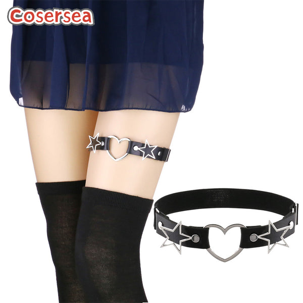 16 Colors Punk Heart PU Leather Thigh Ring Double Pentagonal Star Shaped Elastic Garter Belt