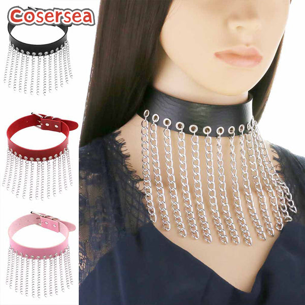 16 Colors Punk PU Leather Collar Necklace Performance Metal Chain Tassel Collarbone Choker