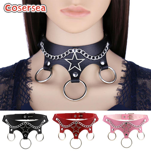 16 Colors Punk PU Leather Five-star Chain Necklace Wild Circular Collarbone Choker