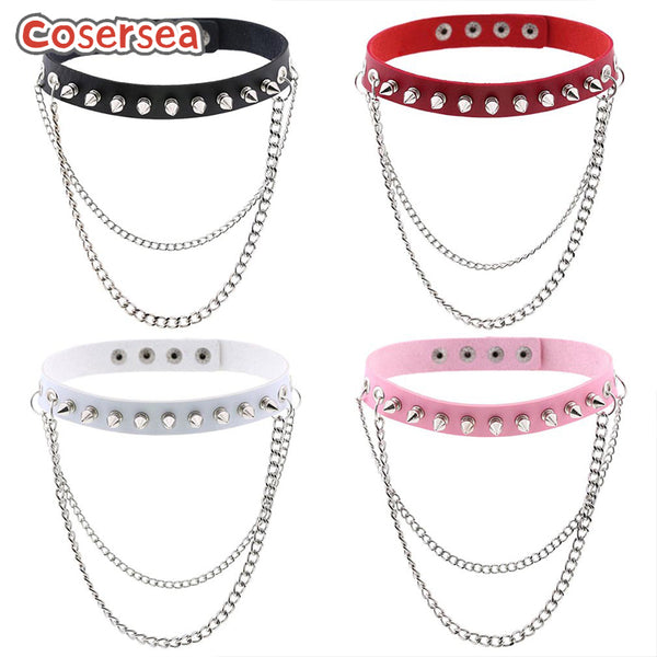 16 Colors Punk Rock Gothic Rivet Point Nail PU Leather Collar Necklace Metal Chain
