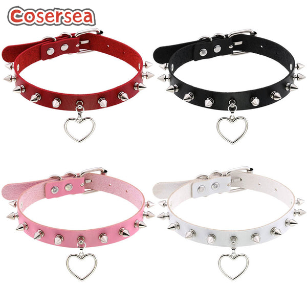 16 Colors Punk Street Beat Rivet Point Nail Clavicle Chain Neck Chain Heart Shaped Pendant PU Leather Choker