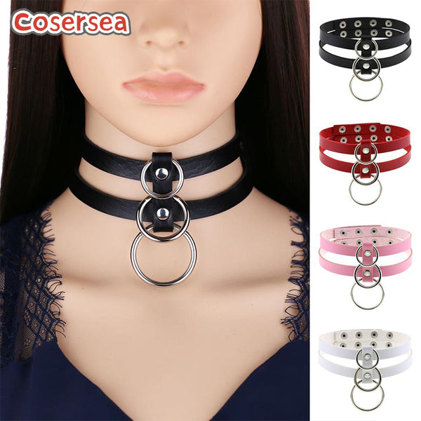 16 Colors Punk Style PU Leather Double Row O-ring Harajuku Collarbone Necklace