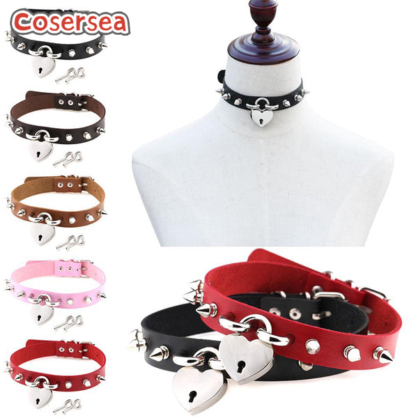 15 Colors Rock Harajuku Punk Rivet Love Lock Pendant Necklace PU Leather Collar Neck Chain