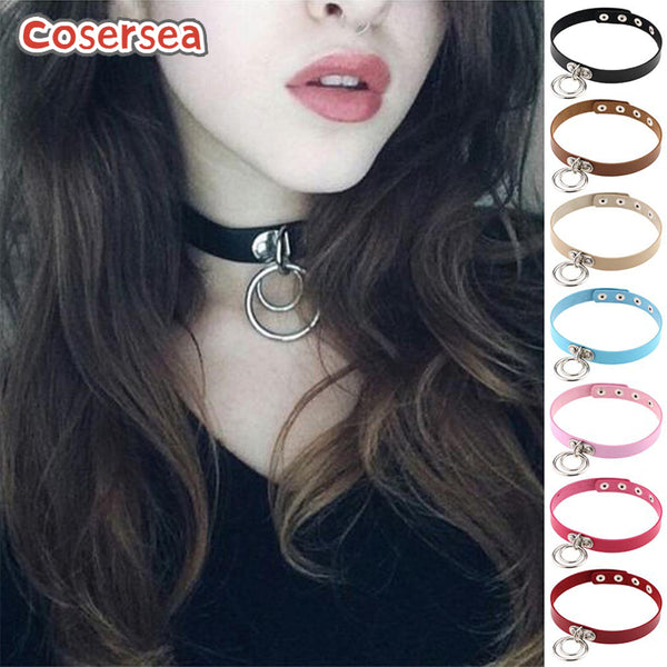 16 Colors Rock Punk Nightclub Double Ring PU Leather Collar Neck Strap Collarbone Necklace