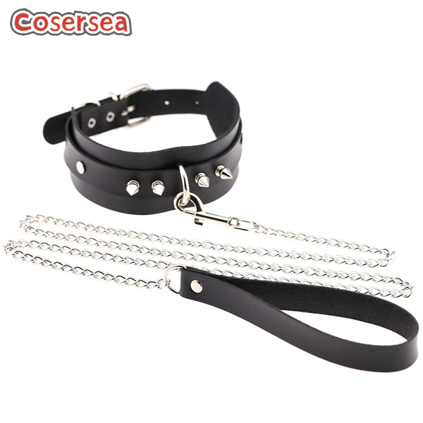16 Colors Sexy Exaggerated Rivet PU Leather Collar Chain Slave Traction Rope Chain