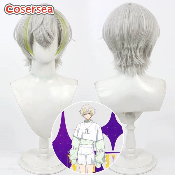 18TRIP Toi Shiramitsu 30cm Short Silver White Mixed Green Men Cosplay Wigs