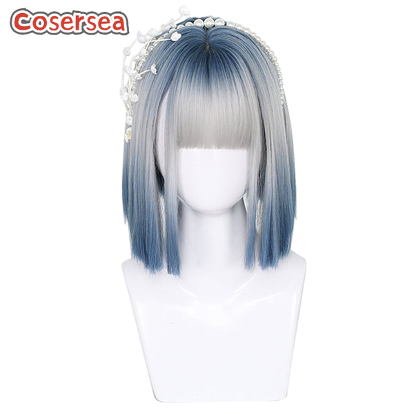 30cm Short Straight Blue Gradient Silver Gray Bobo Lolita Wigs