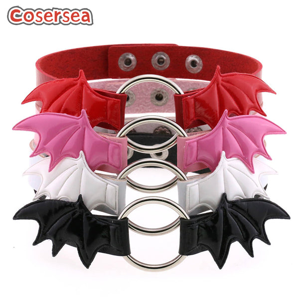 4 Colors Bat Wing PU Leather Circular O Collar Necklace Punk Neck Strap Collarbone Chain