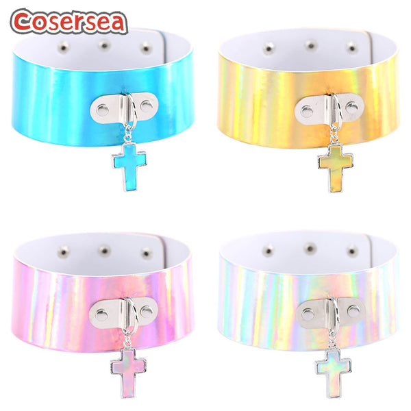 4 Colors Fashion Hot Cross Pendant Collar Wide Version Laser Luminous Leather Necklace Collarbone Chain