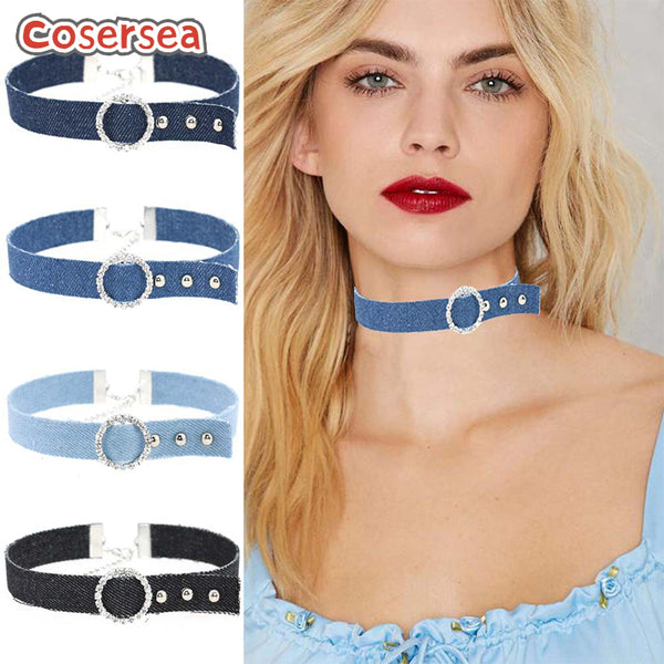 4 Colors Harajuku Denim Collar Neckband Jewelry Rhinestone Necklace Neckchain Choker
