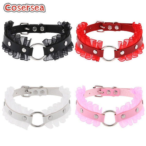 4 Colors Harajuku Lace Charm PU Leather Circular Collar Women's Neck Clavicle Necklace Choker