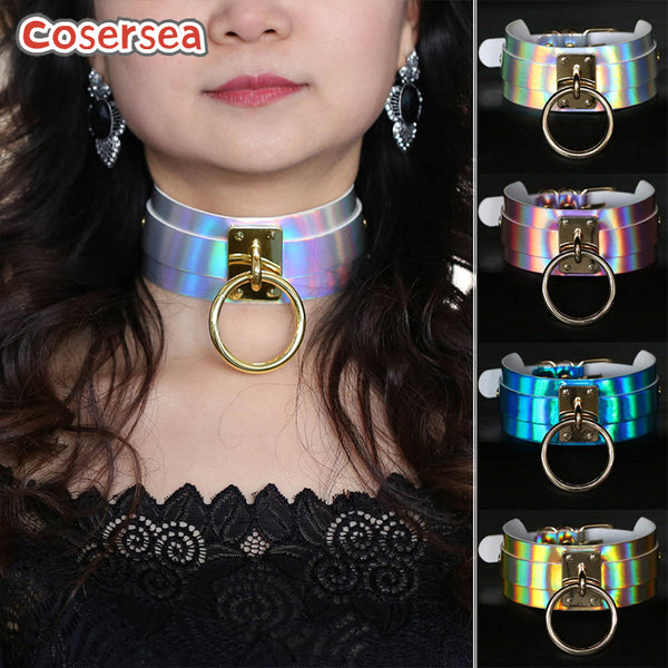 4 Colors Harajuku Nightclub Wide Version Laser Leather Necklace Collar Large Circular Ring Choker