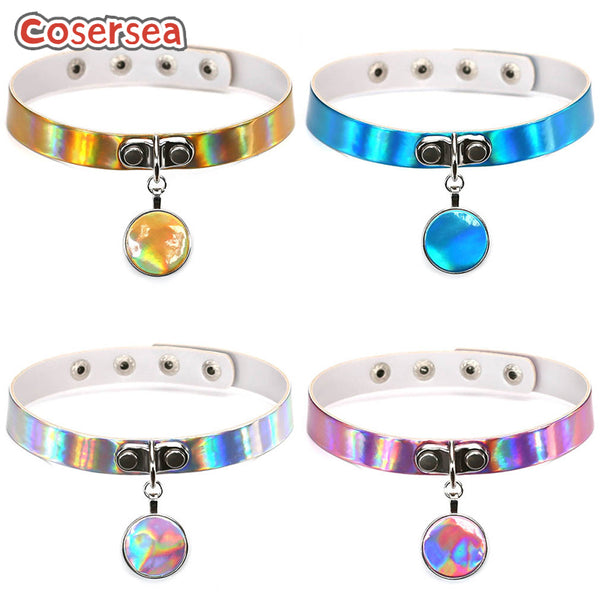 4 Colors Harajuku Punk Round Pendant Collar Laser Luminescent Leather Neck Chain