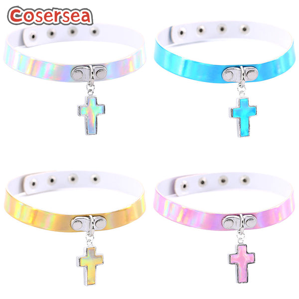 4 Colors Harajuku Style Cross Necklace Luminous Laser Leather Collar Collarbone Chain