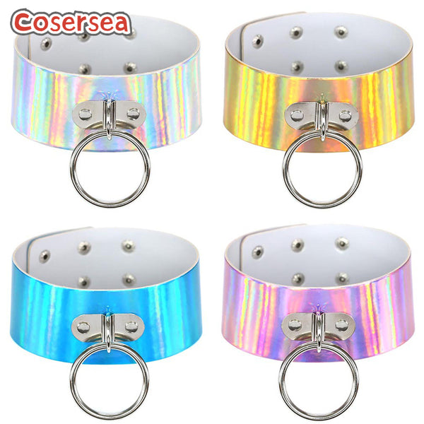 4 Colors Harajuku Style Punk Wide Version Laser Leather Large Circular Necklace Collar Collarbone Chain