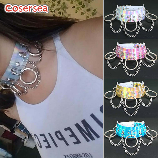 4 Colors Laser Leather Collar Neck Strap Nightclub O-ring Chain Collarbone Necklace Choker