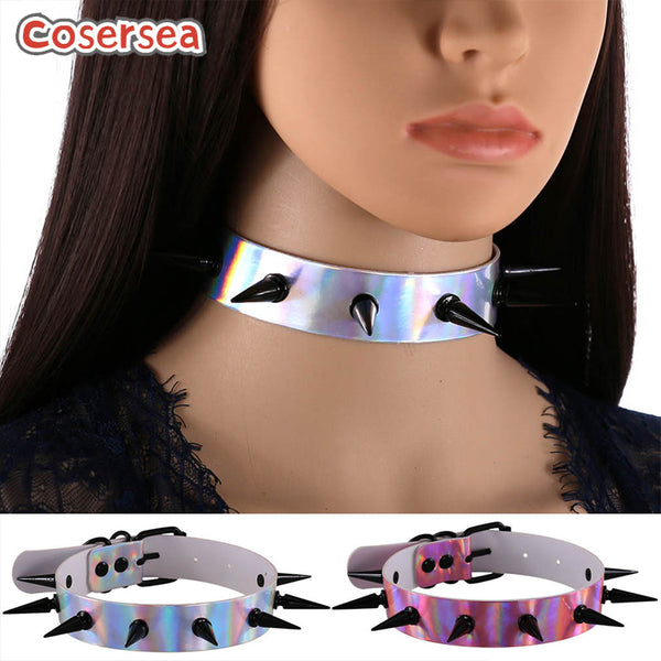 4 Colors Laser Leather Luminous Collar Necklace Nightclub Wild Rivet Pointed Nail Choker