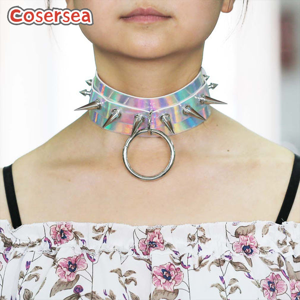 4 Colors Laser Leather Wide Version Collar Punk Style Pointed Nail Ring Necklace Collarbone Chain Choker