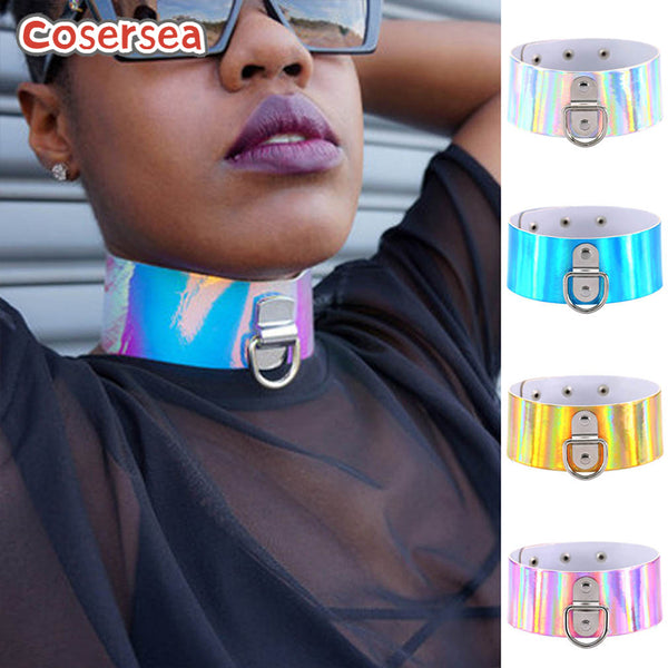 4 Colors Nightclub Personalized Laser Leather Necklace Neck Chain Metal D-shaped Binding Collar Chain