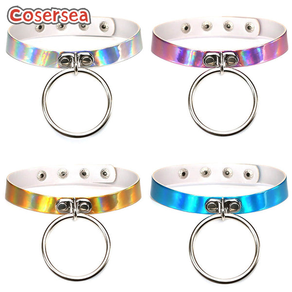 4 Colors Personalized Creative Punk O-shaped Large Circular Collar Nightclub Laser Leather Necklace