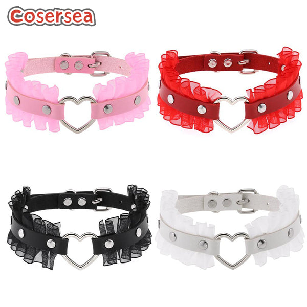 4 Colors Punk Harajuku Lace PU Leather Heart-shaped Collar Women's Neck Collarbone Necklace