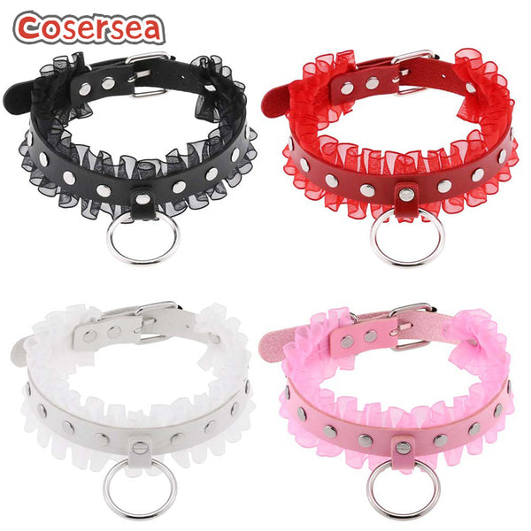 4 Colors Punk Harajuku Lace Ring Chain Neck Strap Sexy Rivet Necklace PU Leather Collar Choker