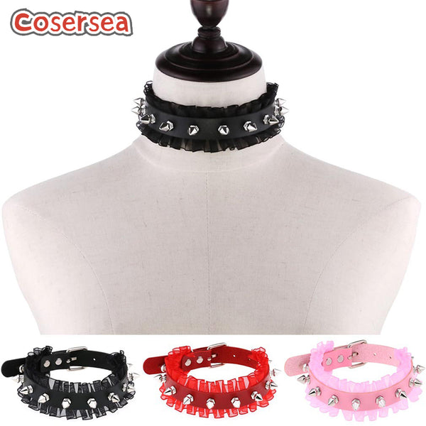 4 Colors Punk Harajuku Lace Rivet Neck Chain Sexy Lace Necklace PU Leather Collar Choker